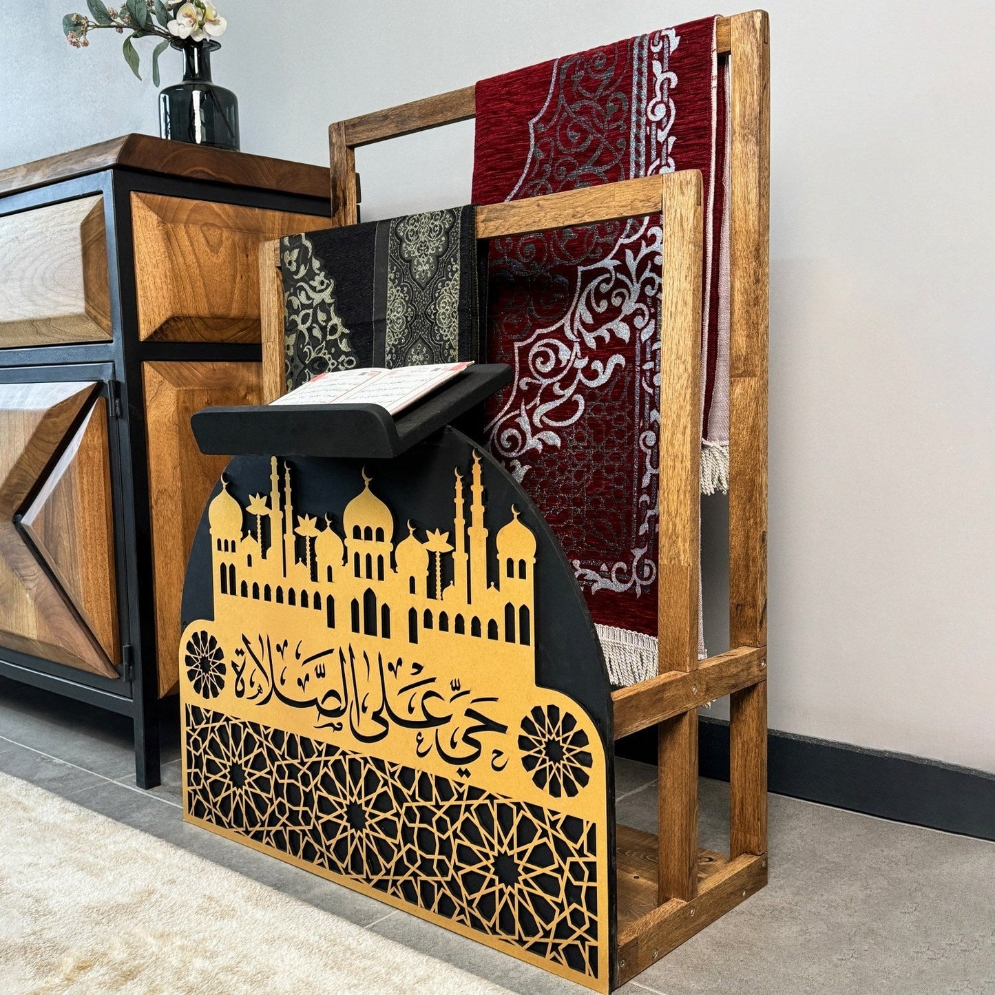 Wooden Prayer Rug and Mat Holder and Quran Stand
