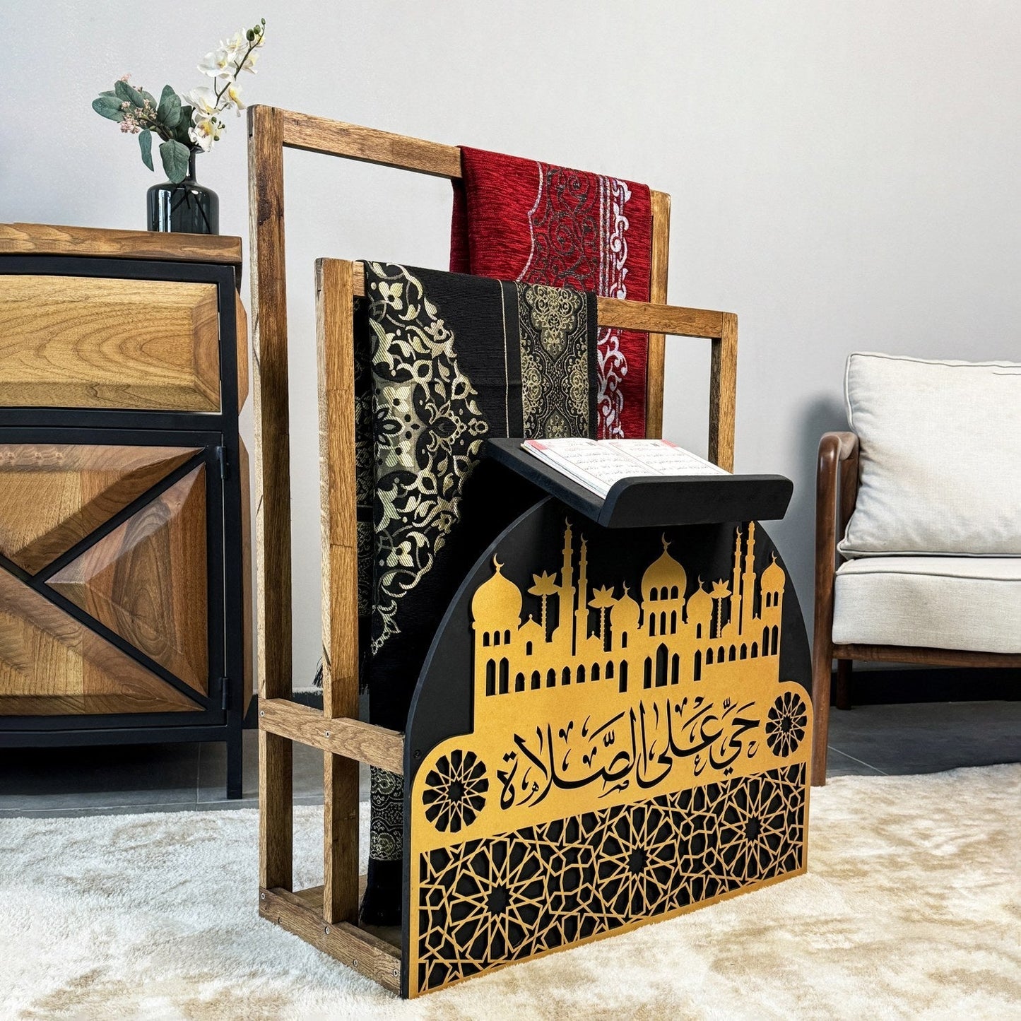 Wooden Prayer Rug and Mat Holder and Quran Stand