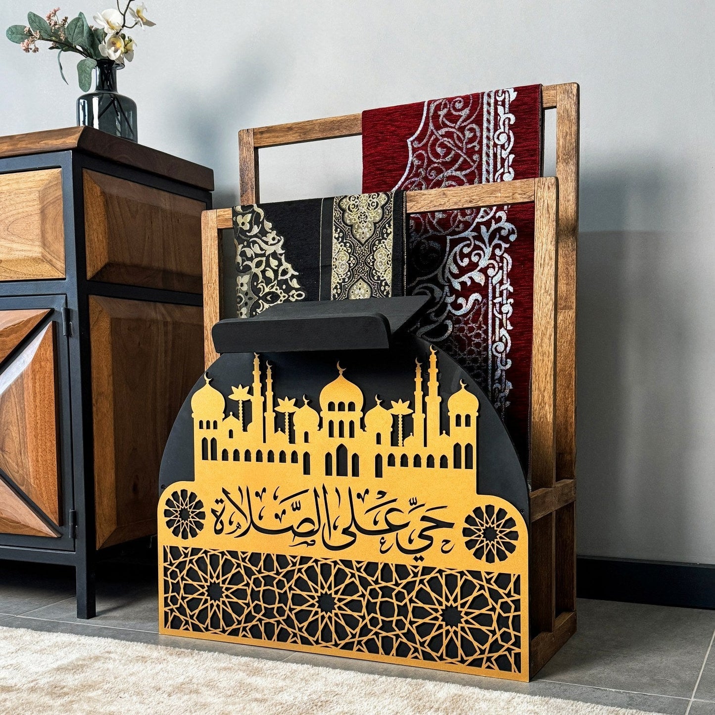 Wooden Prayer Rug and Mat Holder and Quran Stand