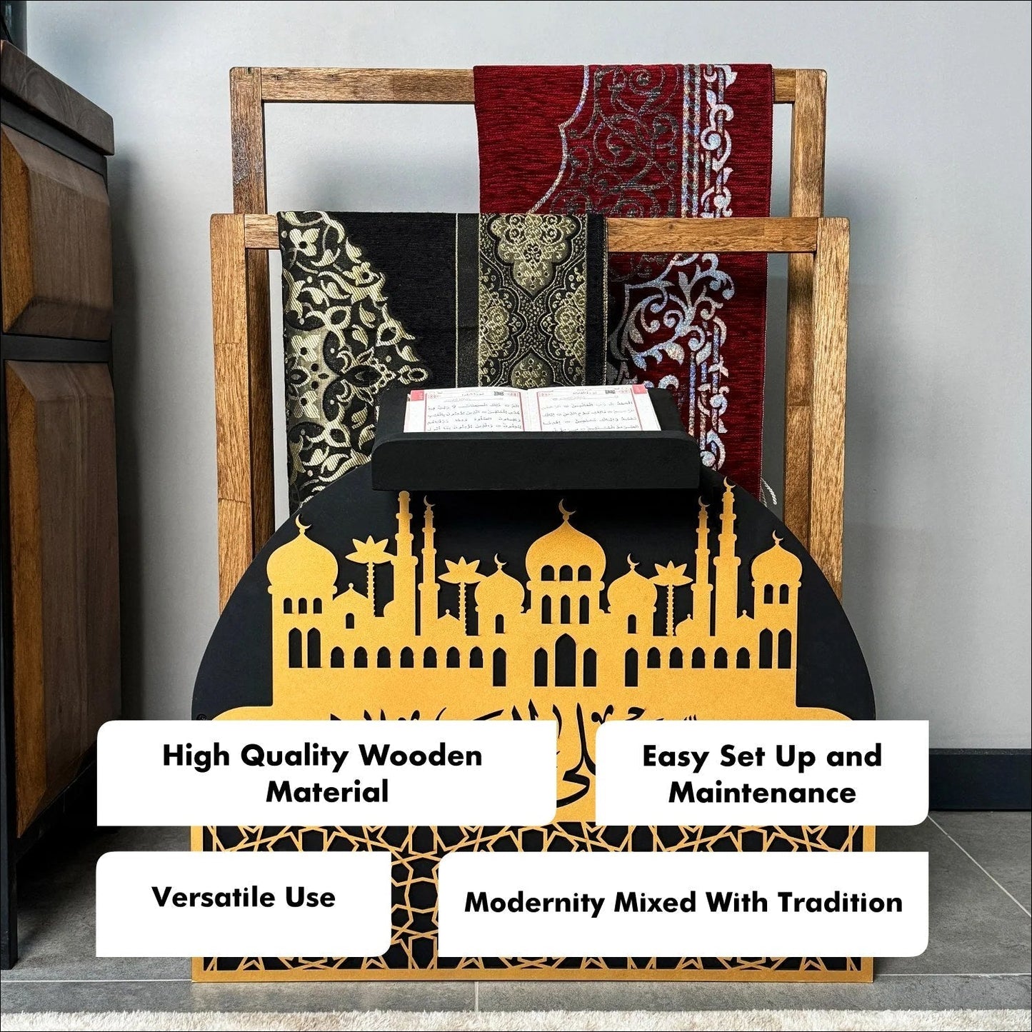 Wooden Prayer Rug and Mat Holder and Quran Stand